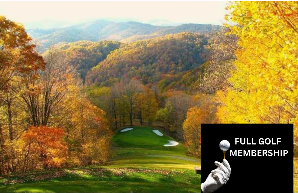 A spectacular view of a golf course enveloped by vibrant autumn foliage, with rolling mountains rising in the background. The scene evokes both the tranquility and grandeur of mountain golfing in all seasons.